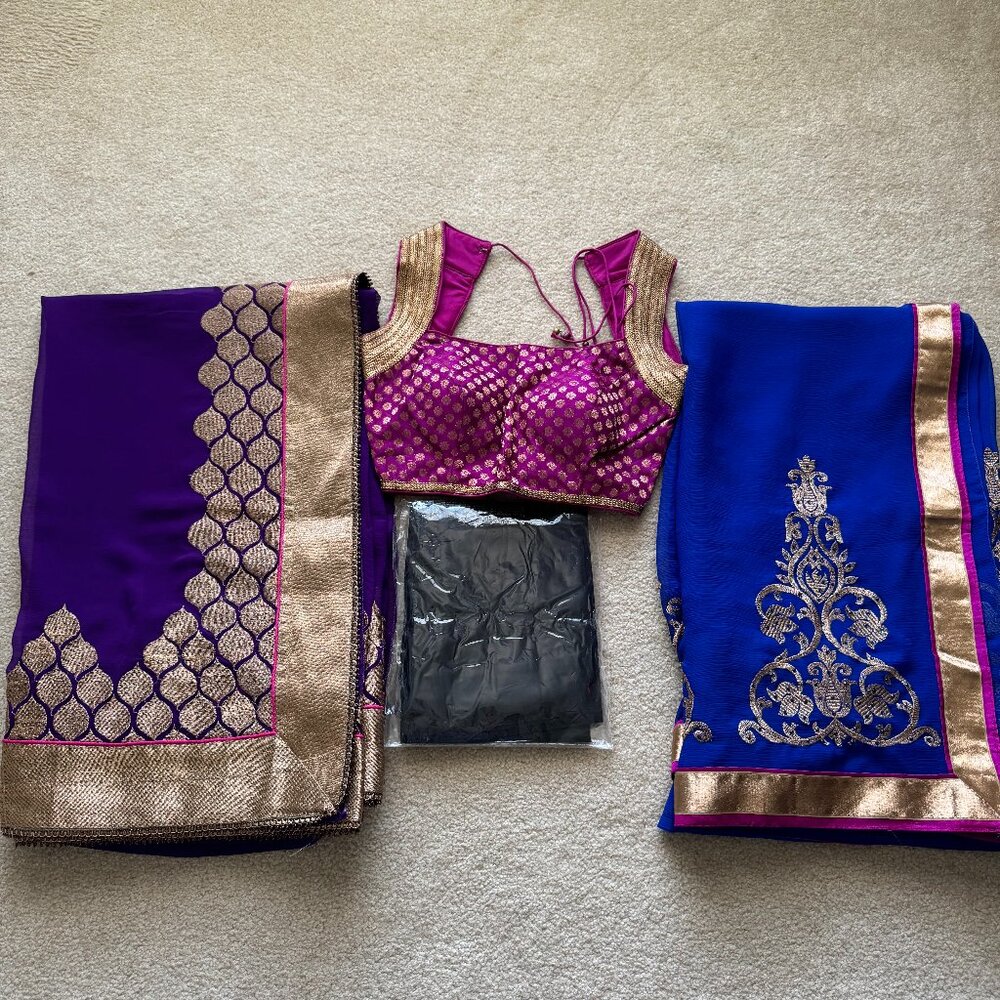 [NEW] Indian Pakistani Sari Saree Blue Purple Magenta Bundle XXS/XS/S